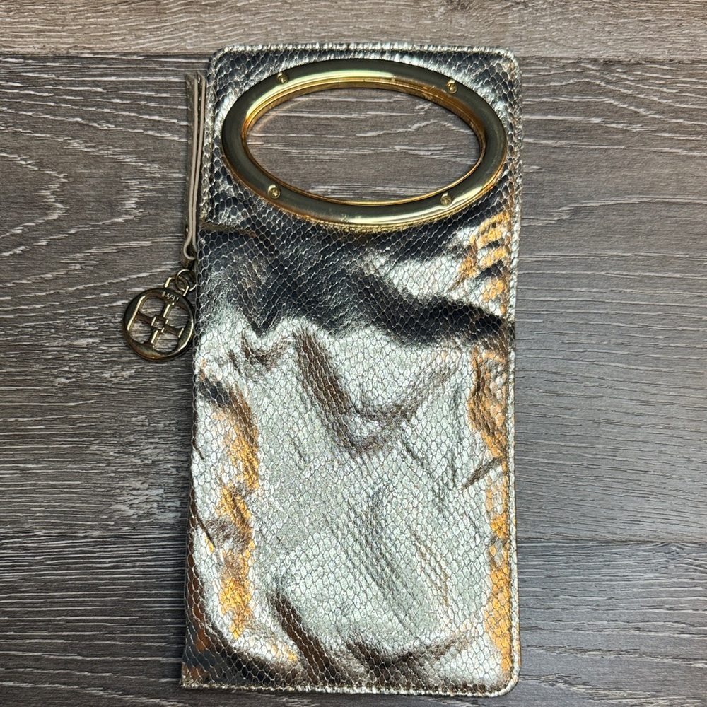 90s IMAN Gold Metallic Faux Leather Gold Oval Handle Wristlet Bag Clutch 0306